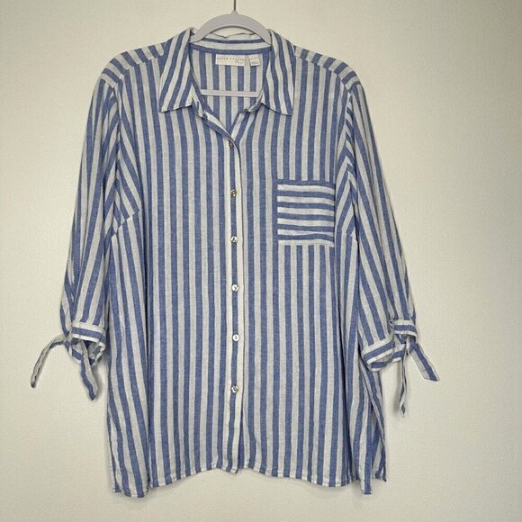 Susan Graver Linen Shirt Button up Striped Tie Sleeve XL Petite Blue White - Picture 1 of 11